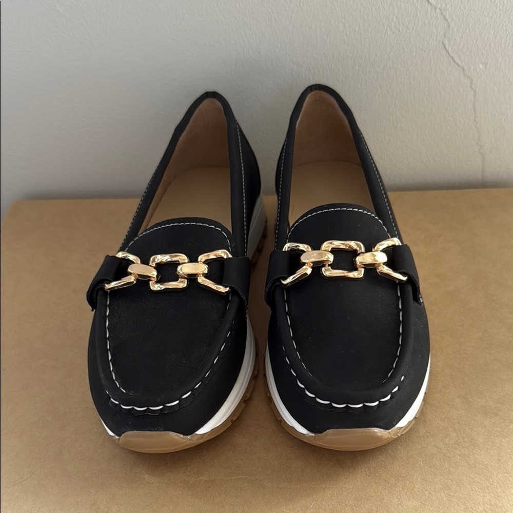 SHEIN Black Loafers with Gold Chain Accent
